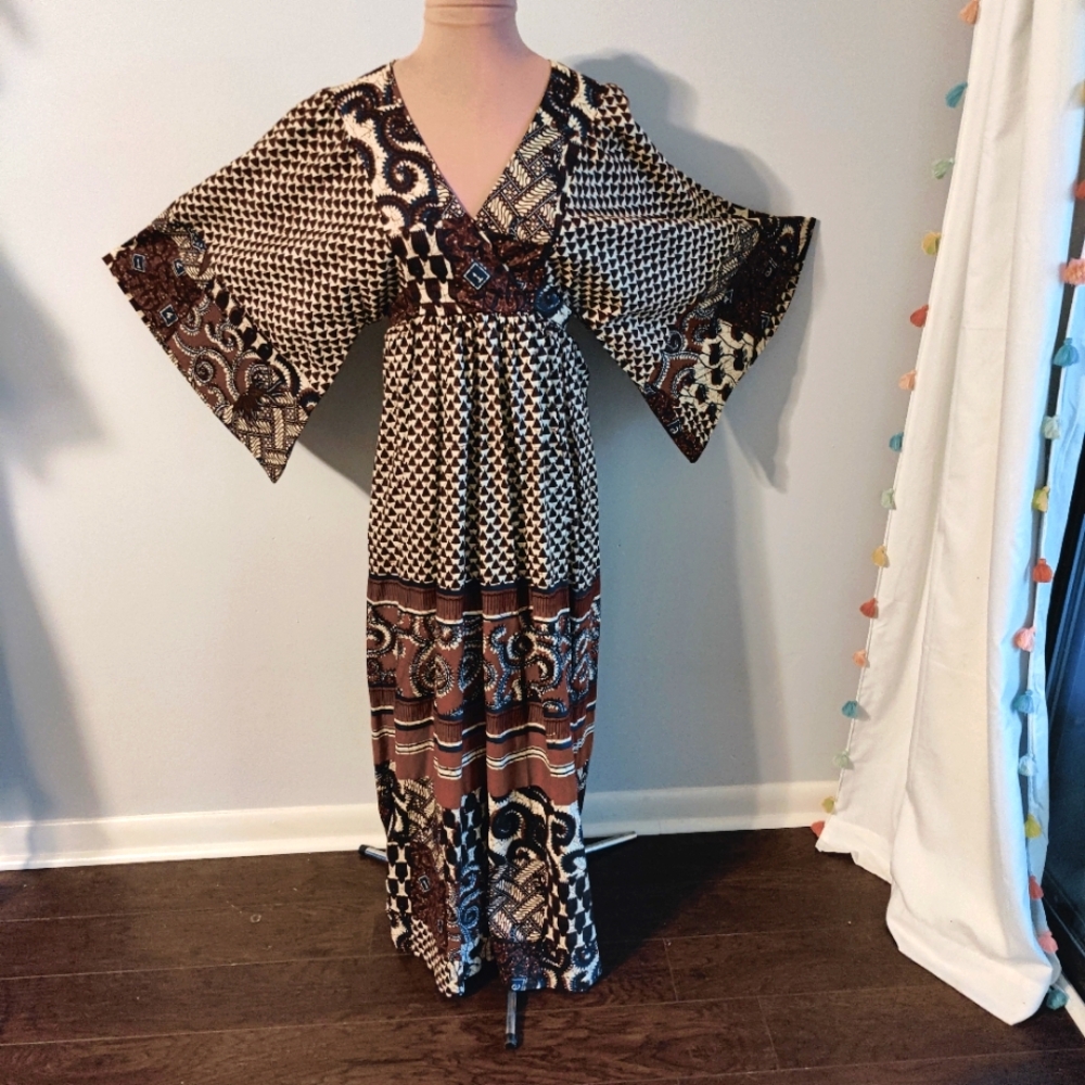 Indian block print Maxi Dress Butterfly Sleeves 70s Vintage natural cotton SM - Picture 5 of 15